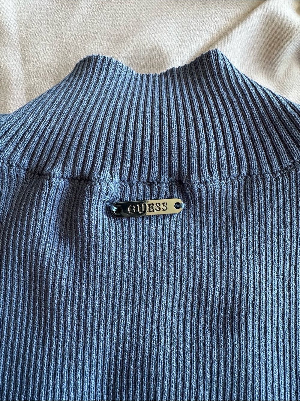 Guess Sleeveless Blue Ribbed Midi Dress with Keyhole V-Neck - Picture 5 of 6